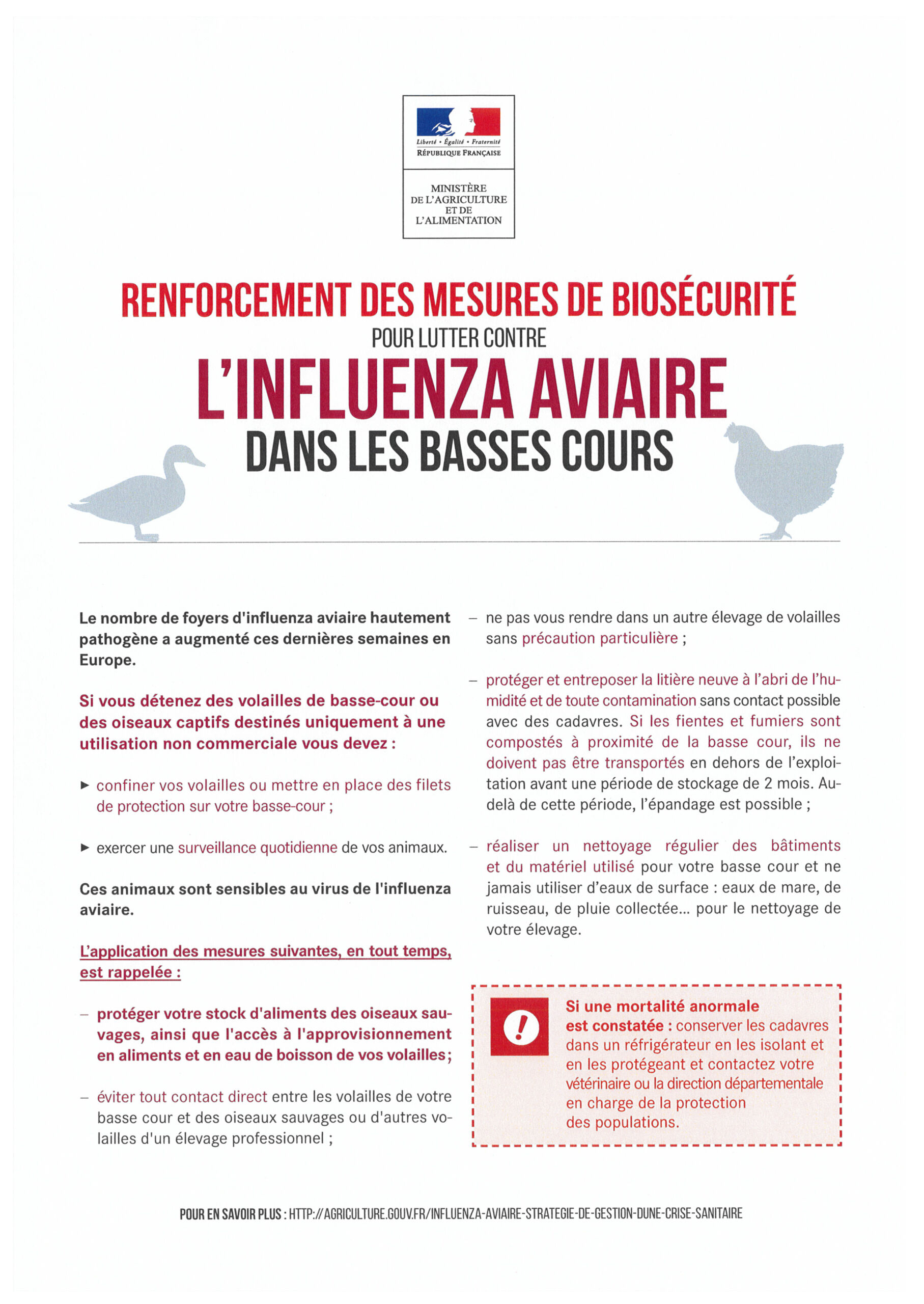 Prévention de l’influenza aviaire – élévation du niveau de risque